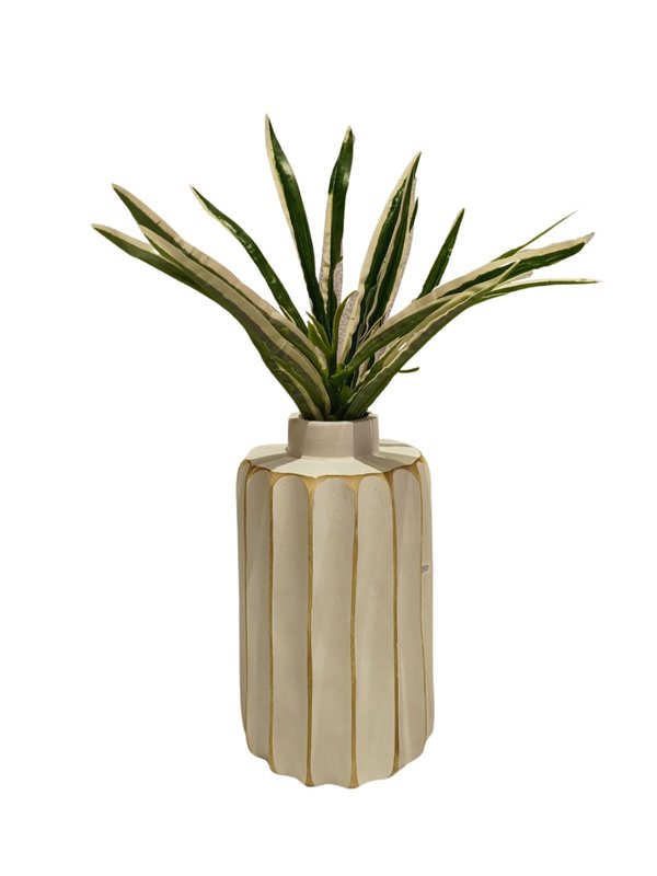 Wooden Short Vase No.7 Line Patterns (White Color) - Hand Craft